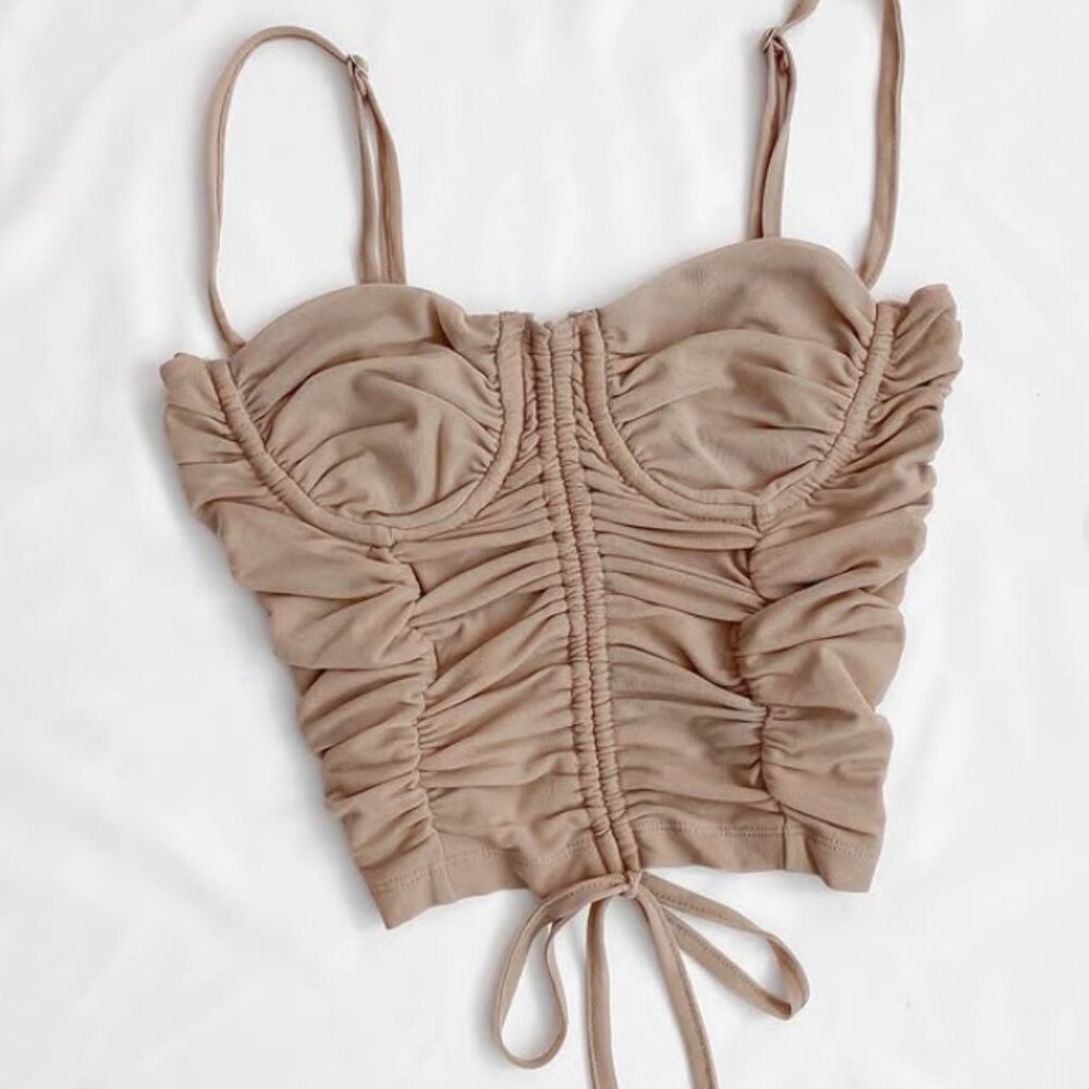 Brown Ruched Drawstring Corset Tank Top